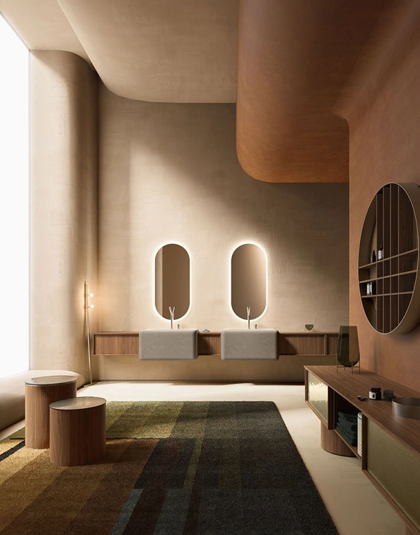 Mobile da Bagno Des Evolution Caramel 02 in Noce Canaletto con lavabi in resina di Cerasa