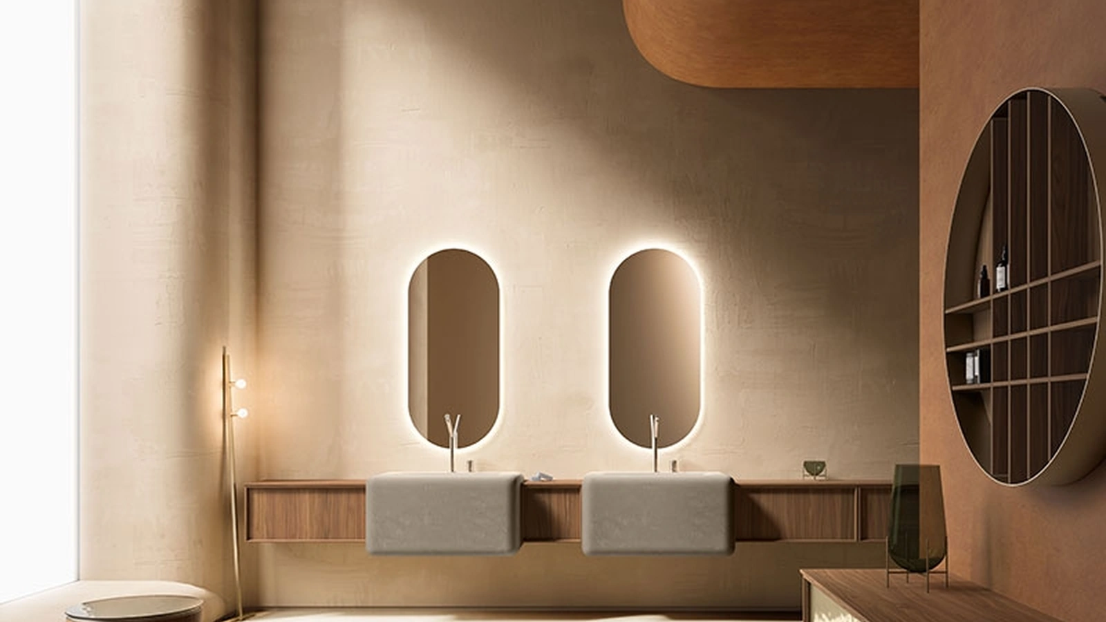 Mobile da Bagno Des Evolution Caramel 02 in Noce Canaletto con lavabi in resina di Cerasa