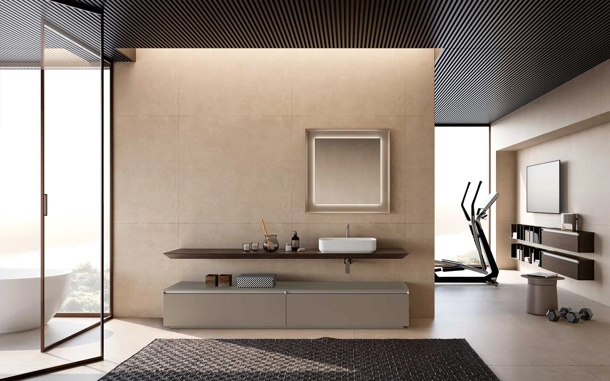 Mobile da Bagno a terra Lime 1-0 Nest 123 in laccato Argilla e Rovere Moka di Azzurra