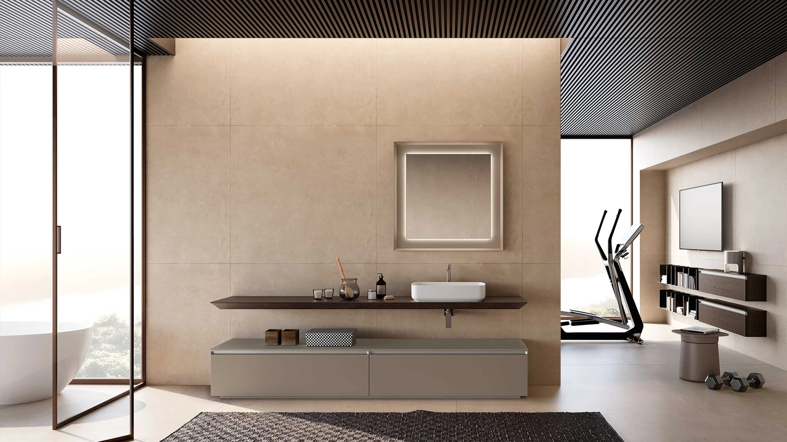 Mobile da Bagno a terra Lime 1-0 Nest 123 in laccato Argilla e Rovere Moka di Azzurra