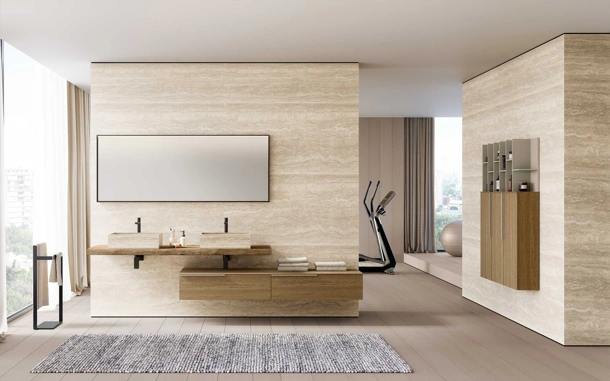 Mobile da Bagno Lime 1-0 Tratto 134 in Rovere Sabbia con lavabo in Gres Travertino di Azzurra