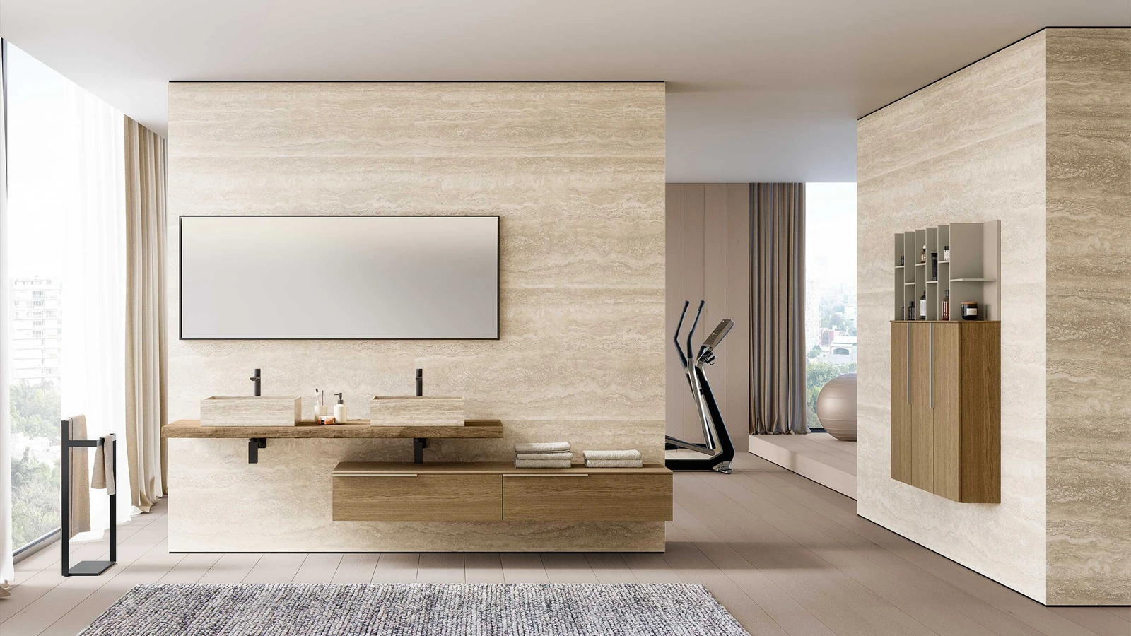 Mobile da Bagno Lime 1-0 Tratto 134 in Rovere Sabbia con lavabo in Gres Travertino di Azzurra