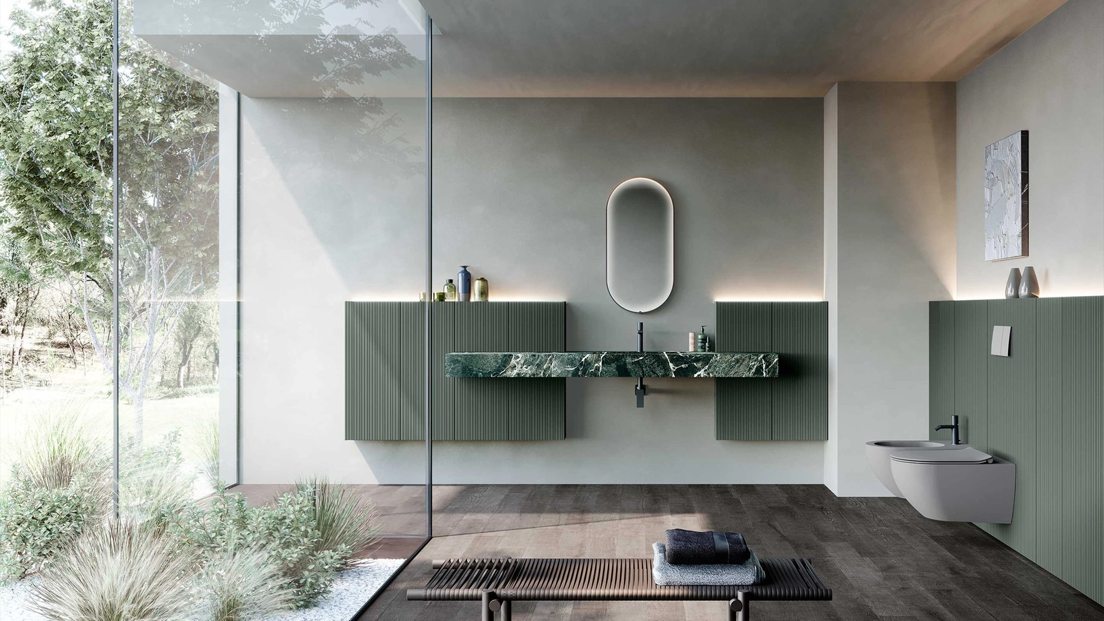 Mobile da Bagno Lime 2-0 224 in laccato Verde Commodoro e Gres Aosta Green Marble di Azzurra