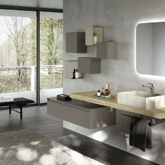 Mobile da Bagno sospeso in laccato opaco con top in Rovere corteccia e lavabo in gres Lime 2 0 Comp 002 di Azzurra