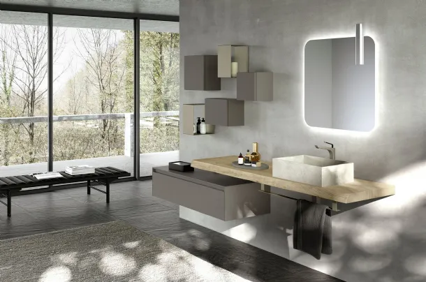 Mobile da Bagno sospeso in laccato opaco con top in Rovere corteccia e lavabo in gres Lime 2 0 Comp 002 di Azzurra