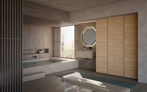 Mobile da Bagno M3 System 308 in gres pietra Piasentina e legno di Baxar