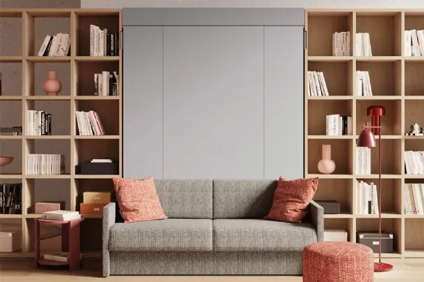 Letto a scomparsa con divano integrato e libreria Im 22 04 Nobu in melaminico Rovere e laccato opaco di Clever