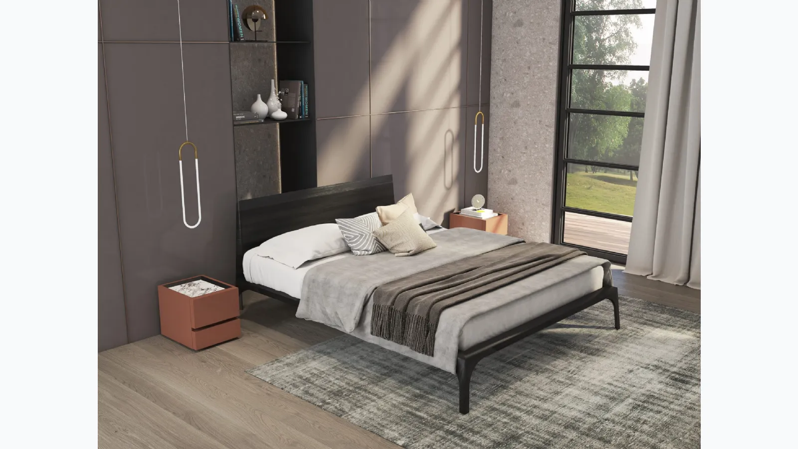 Letto in legno impiallacciato Frassino tinto nero Relevè di Presotto