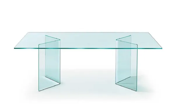 Tavolo Corner con top in vetro e basi in vetro curvato di Fiam