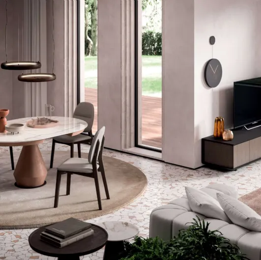 Tavolo allungabile Lycos con top in Marble Glass Calacatta Gold lucido e base in metallo verniciato Bronzo di Ozzio