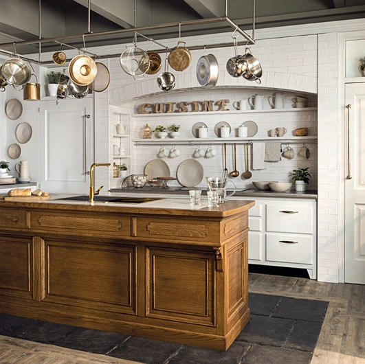 Cucina Classica con isola in legno, ceramica e acciaio Essenza di Marchi