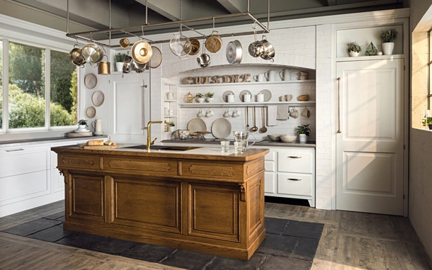 Cucina Classica con isola in legno, ceramica e acciaio Essenza di Marchi