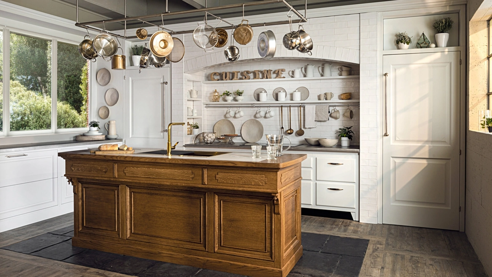 Cucina Classica con isola in legno, ceramica e acciaio Essenza di Marchi