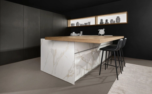 Cucina Design con penisola Giza + Arena Line + Arka in laccato e ceramica di Maistri