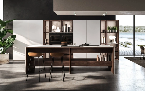 Cucina Design con isola K table in laccato e legno di Maistri