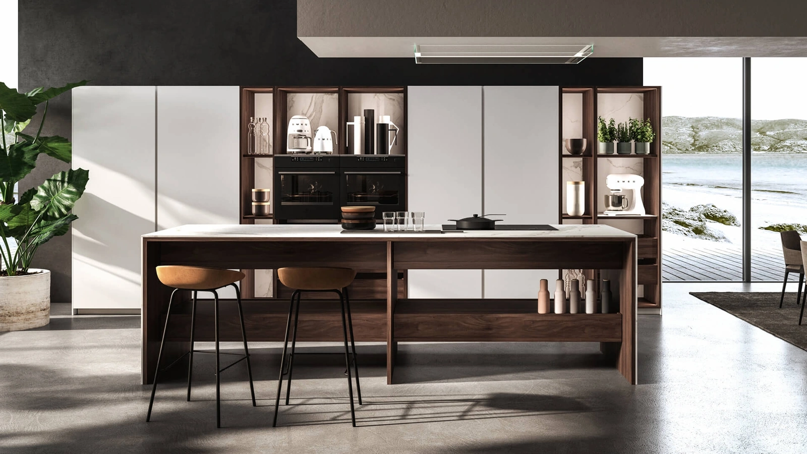Cucina Design con isola K table in laccato e legno di Maistri