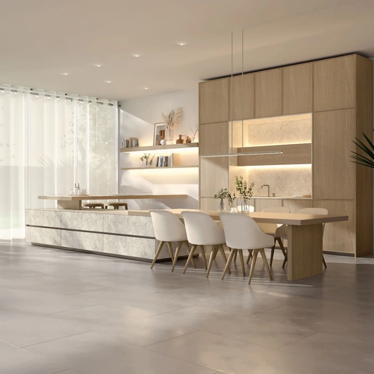Cucina Design con penisola Marea + Giza + Rim in legno e ceramica di Maistri