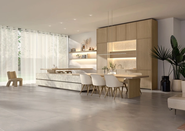 Cucina Design con penisola Marea + Giza + Rim in legno e ceramica di Maistri
