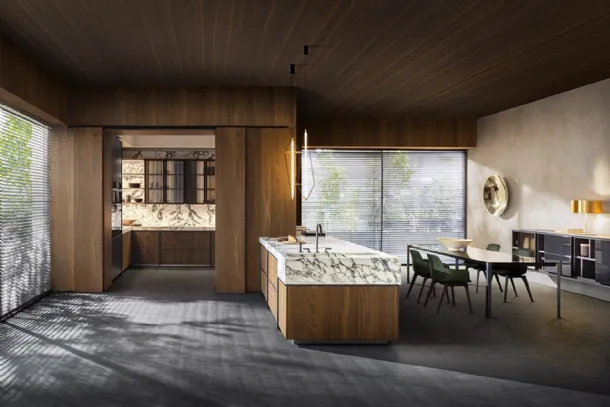 Cucina Design con penisola Ratio in Rovere Thermo e Vetro con top in marmo di Dada