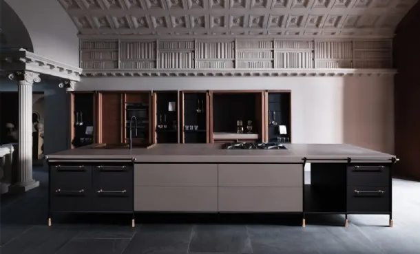 Cucina Design lineare in laccato opaco, ferro smaltato, pietra e legno Canossa di Scic