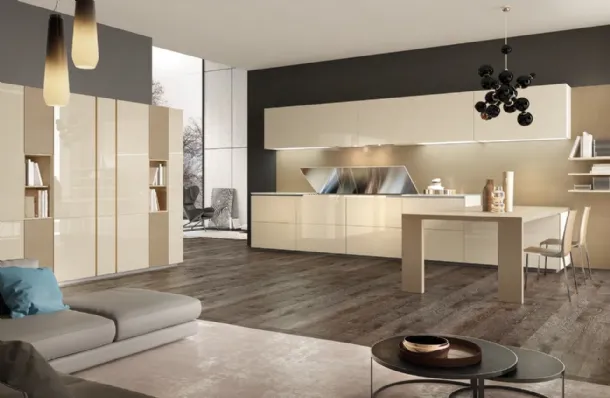 Cucina Design con penisola Mediterraneum in Laccato lucido Crema di Scic