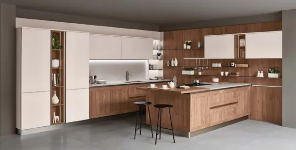 Cucina Moderna con penisola Armonia 02 in Noce nodoso a doghe e laccato opaco di Veneta Cucine