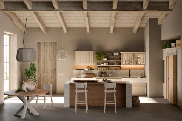 Cucina Moderna con isola in legno e Gres Porcellanato Atelier Cottage di Callesella