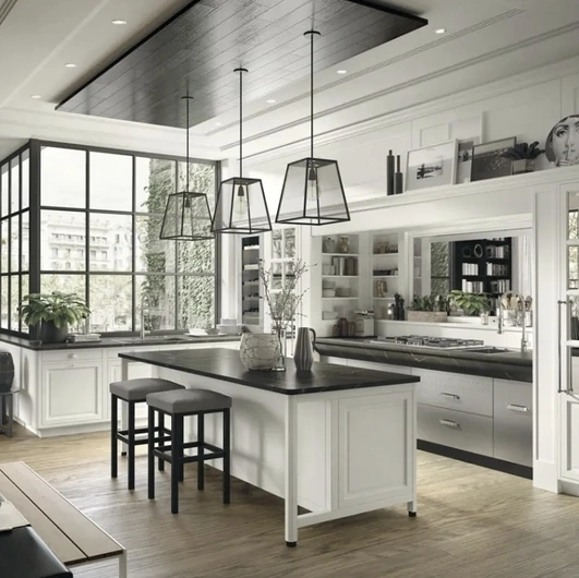 Cucina Moderna con isola Bellagio in legno laccato e acciaio di Marchi