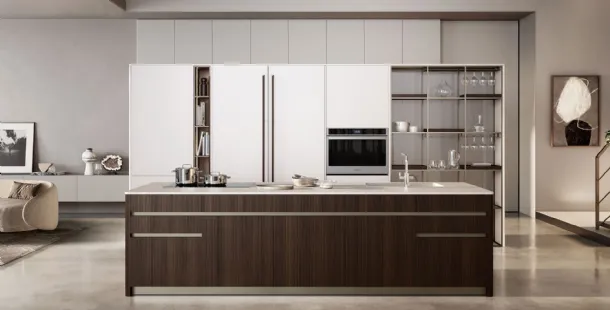 Cucina Moderna con isola Iconica 03 in Rovere Scuro Canneté e Bianco Perla di Veneta Cucine