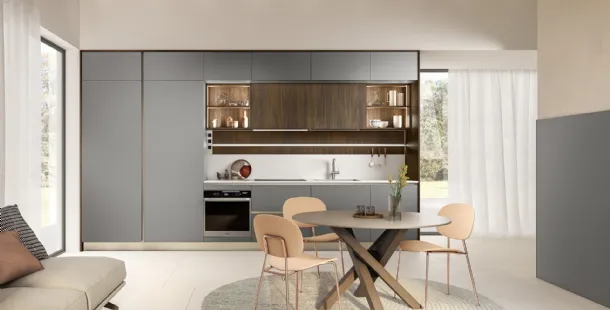 Cucina Moderna lineare Like J 01 in laccato Grigio e Noce di Veneta Cucine