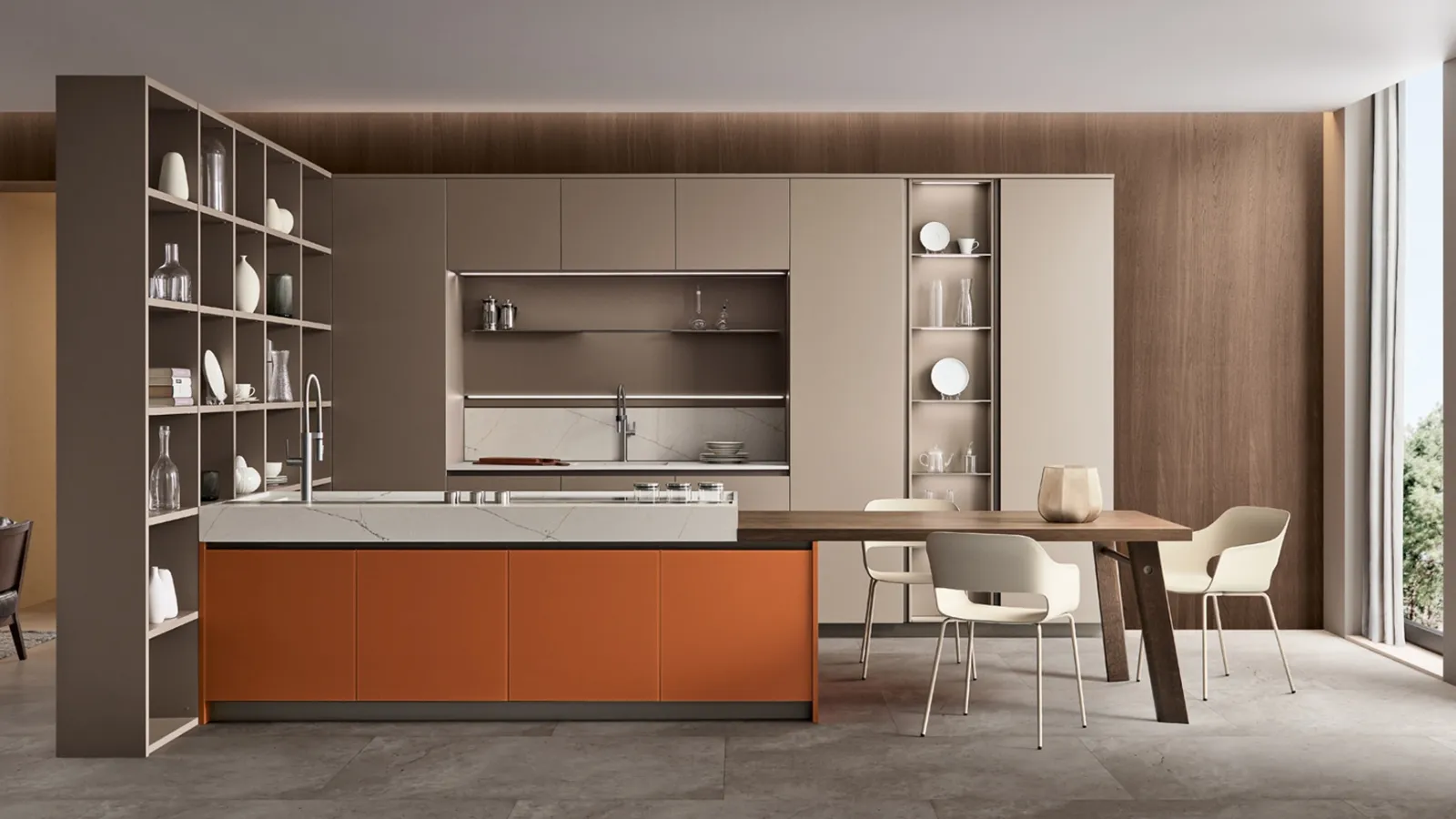 Cucina Moderna con penisola Lounge in Vetro laccato Arancio e laccato opaco Camoscio di Veneta Cucine