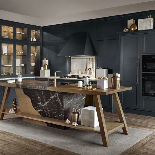 Cucina Moderna angolare con isola inlegno laccato con top in marmo Convivium di Marchi