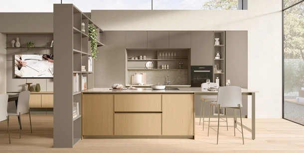 Cucina Moderna con penisola Sakura 06 in vetro opaco Alabastro e Rovere Ikebana di Veneta Cucine