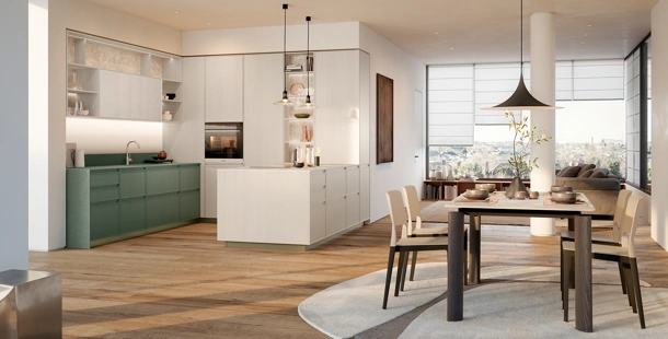 Cucina Moderna con penisola Sakura 07 in Frassino laccato opaco Verde e Frassino laccato Crema di Veneta Cucine