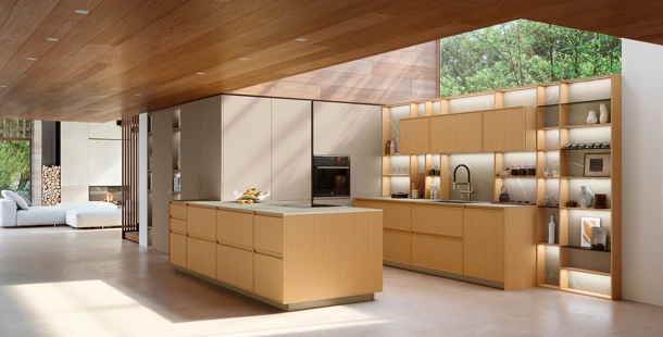 Cucina Moderna con penisola Sakura 08 in Rovere Ikebana e laccato Alabastro di Veneta Cucine
