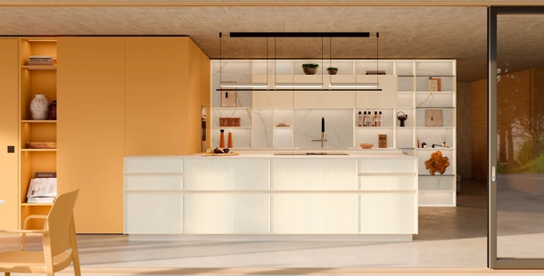 Cucina Moderna con penisola Sakura 11 in Frassino laccato Bianco e laccato opaco Pesca di Veneta Cucine