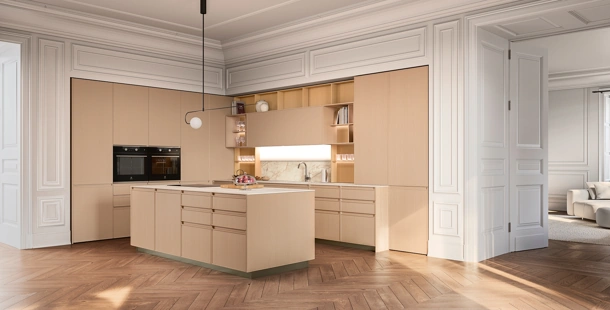 Cucina Moderna con isola Sakura 14 in Frassino laccato Nude di Veneta Cucine