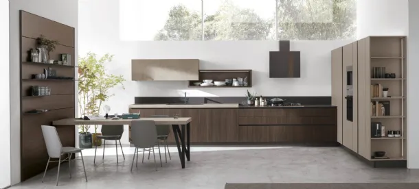 Cucina Moderna ad angolo Infinity v01 in Termo Strutturato Rovere Cumino e Graniglia di Stosa