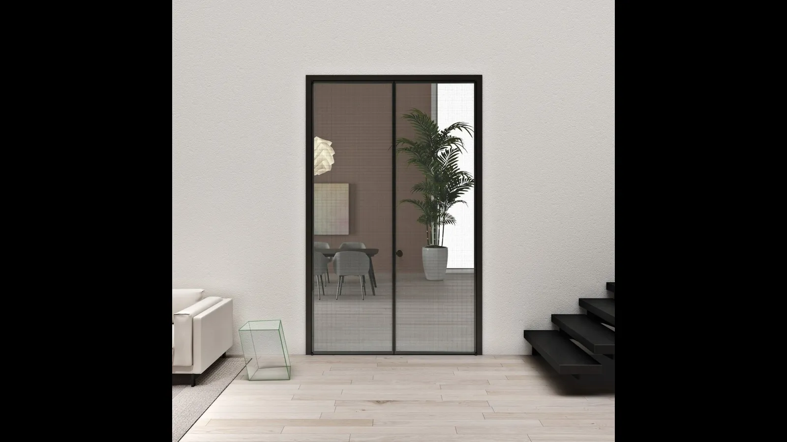 Porta per interni Aladin Double Swing Plain Mono in vetro con telaio in alluminio di Glas Italia