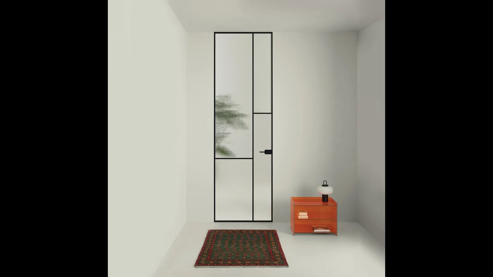 Porta per interni a filo muro Sherazade Swing Plain Patchwork in vetro con telaio in alluminio di Glas Italia